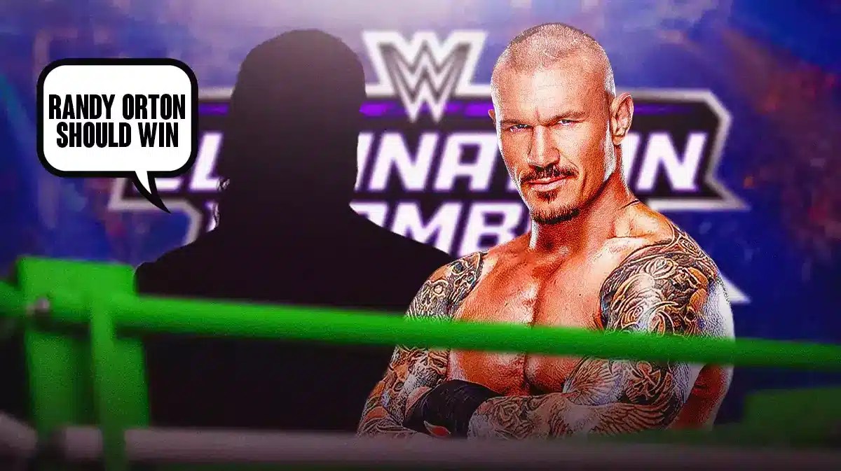 The blacked-out silhouette of Seth Rollins with a text bubble reading “Randy Orton should win” next to Randy Orton with the WWE Elimination Chamber logo as the background.