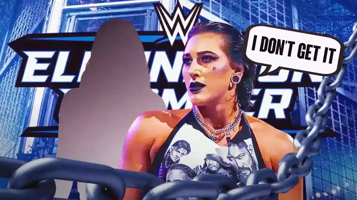 Rhea Ripley with a text bubble reading “I don’t get it” next to the blacked-out silhouette of Liv Morgan with the Elimination Chamber logo as the background.