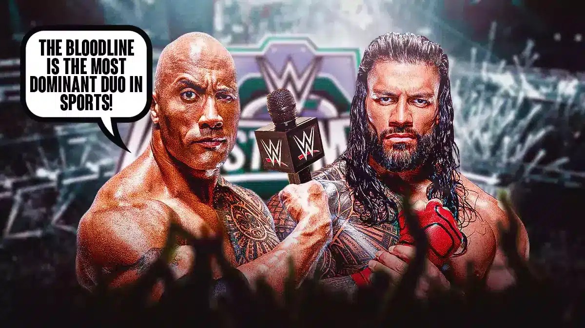 The Rock holding a microphone with a text bubble reading “The Bloodline is the most dominant duo in sports!” next to Roman Reigns with the WrestleMania 40 logo as the background.