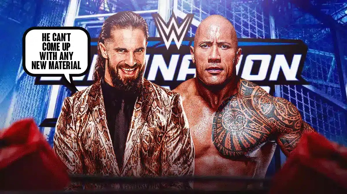 Seth Rollins with a text bubble reading “He can't come up with any new material” next to The Rock with the 2024 Elimination Chamber logo as the background.