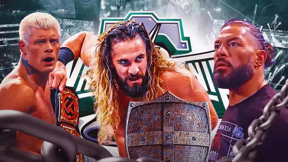 Seth Rollins holding a large shield with a text bubble reading “Let me be your Shield” looking at Roman Reigns with Cody Rhodes behind him and the WrestleMania 40 logo as the background.