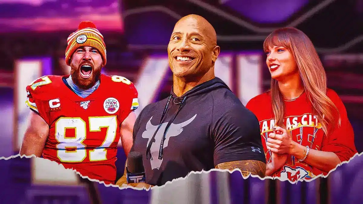 The Rock with Travis Kelce on the left and Taylor Swift on his right with the Super Bowl LVIII logo as the background.