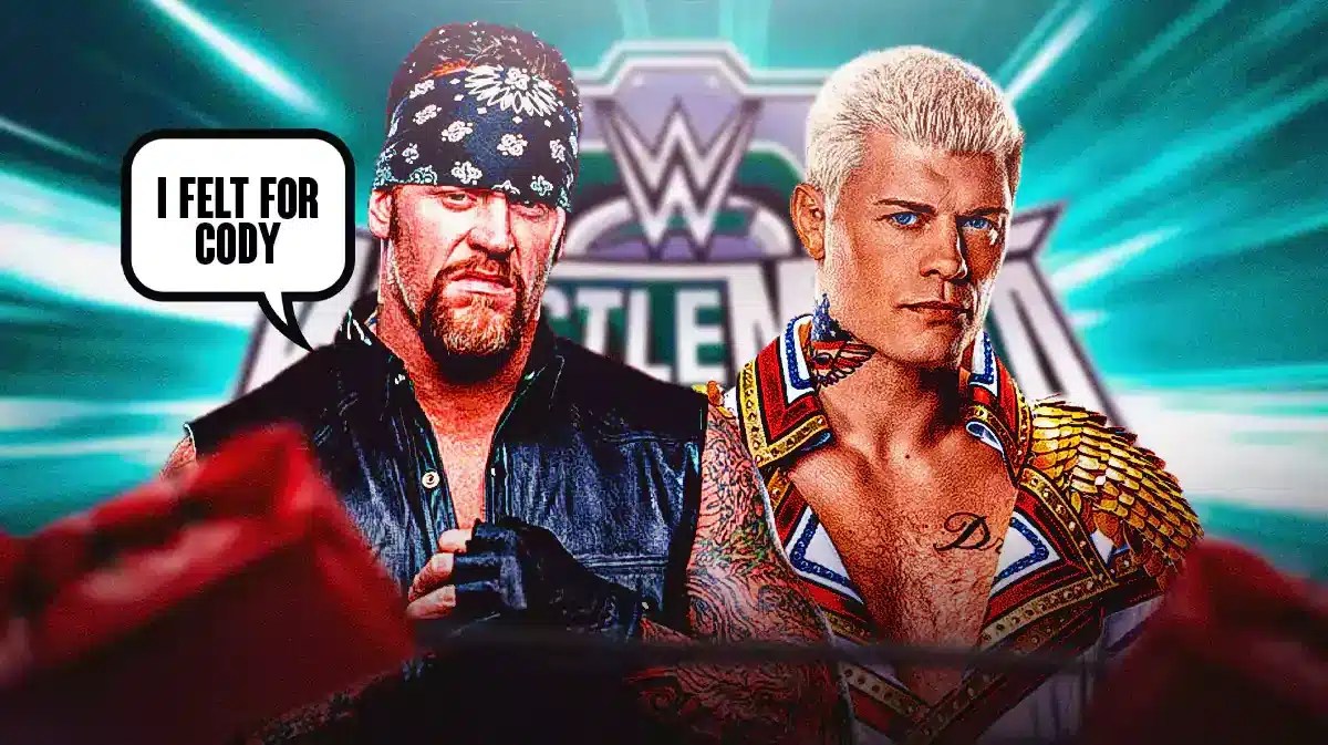 The Undertaker with a text bubble reading “I felt for Cody” next to Cody Rhodes with the WrestleMania 40 logo as the background.