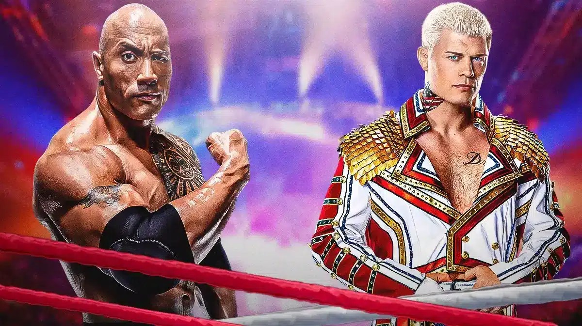 WWE Superstar Cody Rhodes standing next to star Dwayne "The Rock" Johnson.