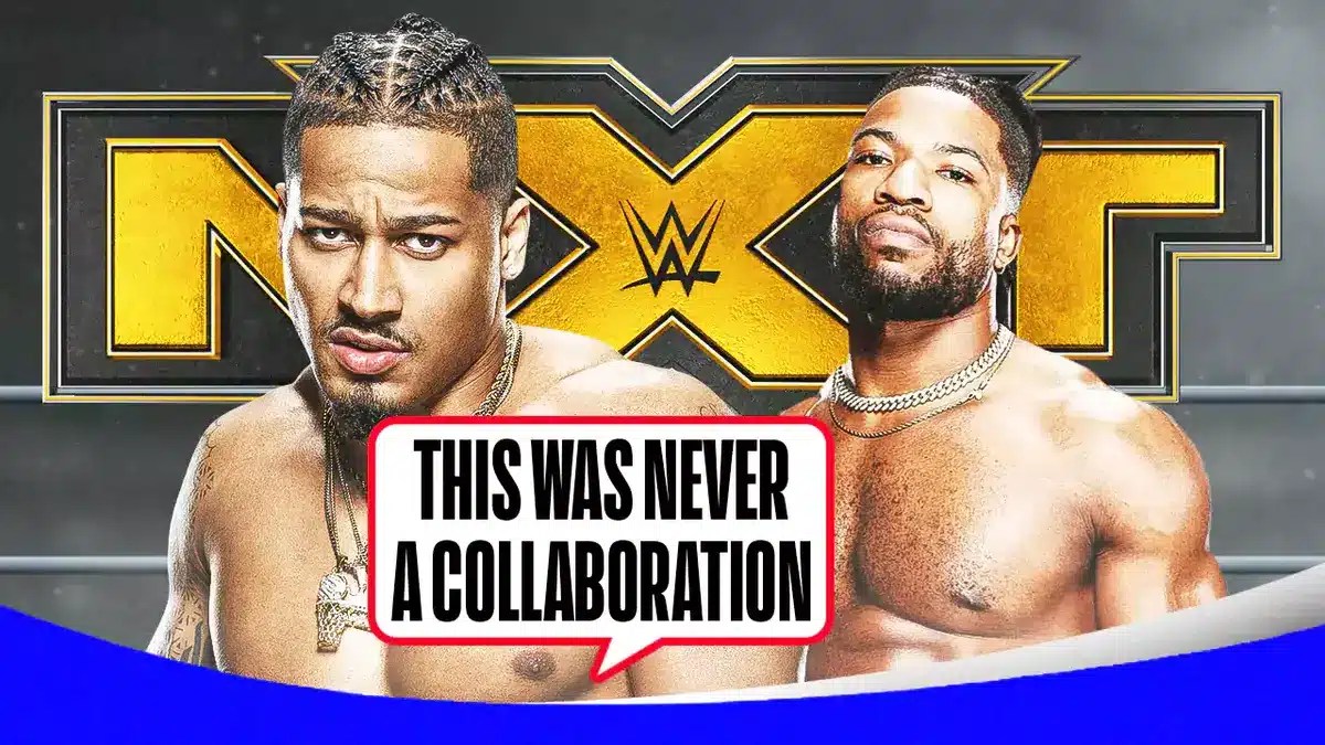 Carmelo Hayes with a text bubble reading “This was never a collaboration!” next to Trick Williams with the NXT logo as the background.