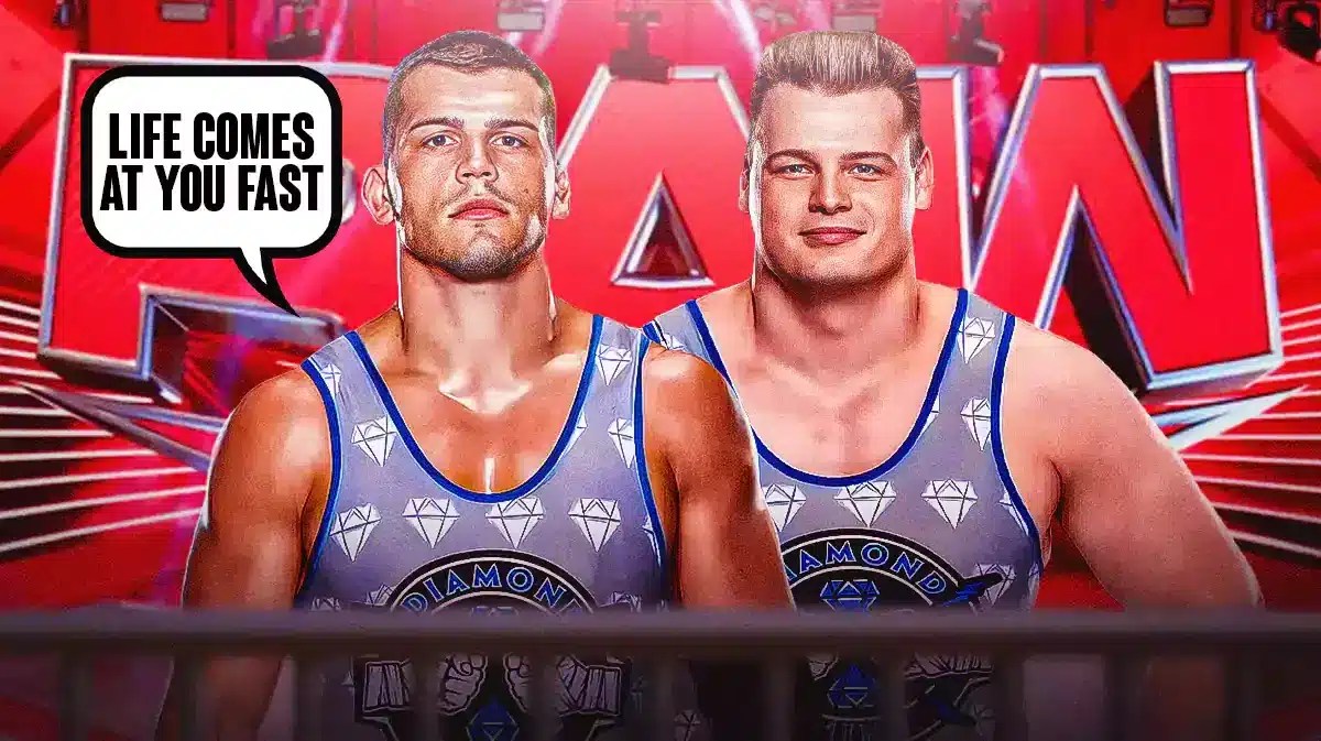 Julius Creed with a text bubble reading “Life comes at you fast” next to Brutus Creed with the RAW logo as the background.