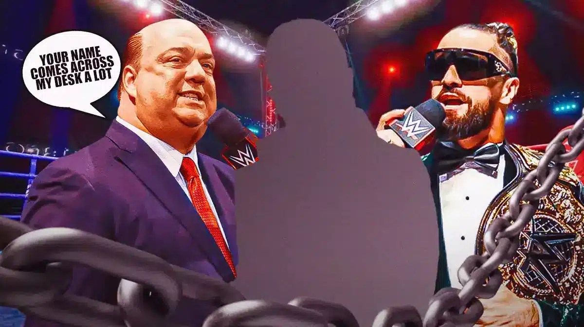 Paul Heyman with a text bubble reading “Your name comes across my desk a lot” next to Seth Rollins and the blacked-out silhouette of Zicky Dice inside a wrestling ring.
