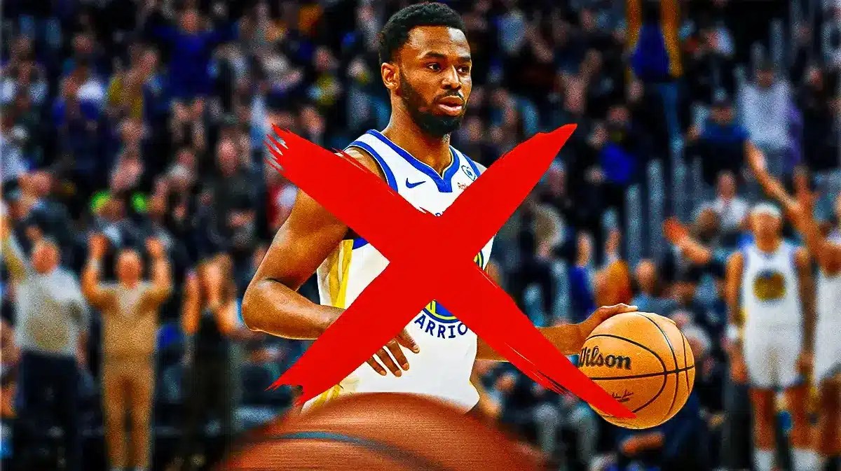 Photo: Andrew Wiggins in a Warriors jersey in action with an X through him