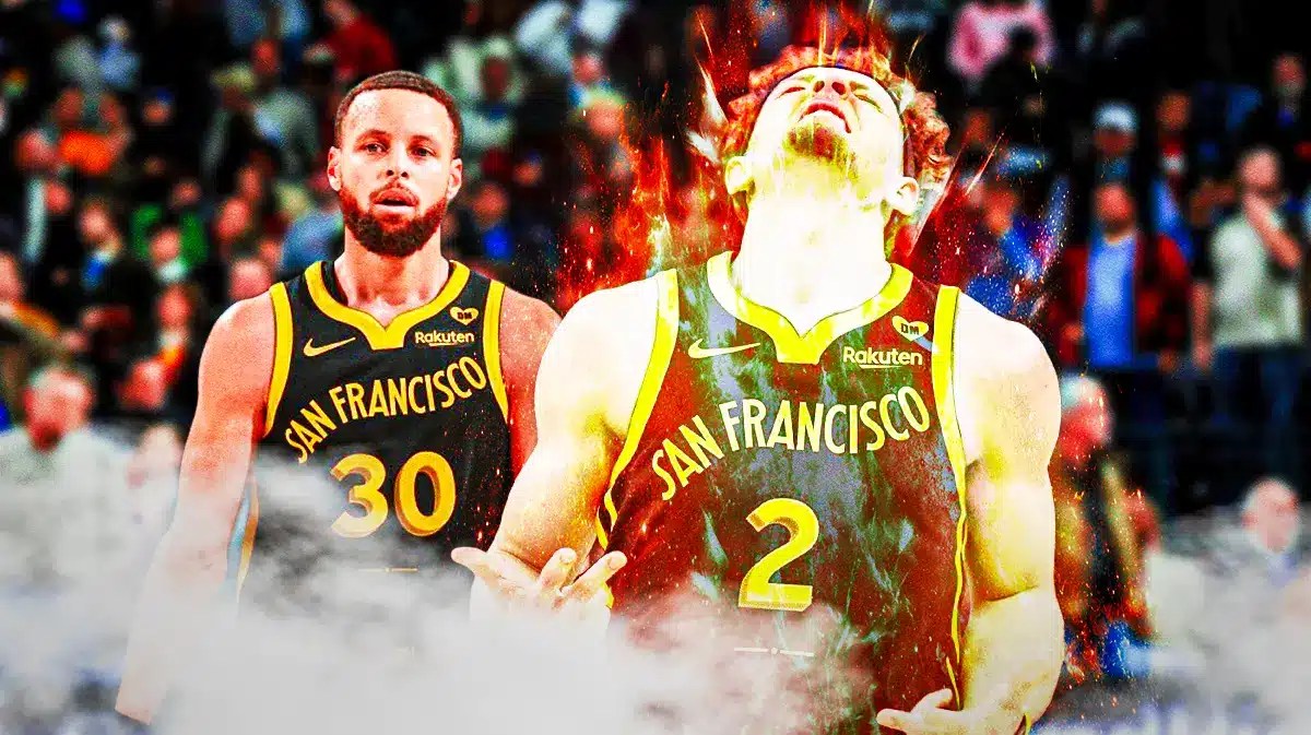 Warriors' Brandin Podziemski looking fired up, with Stephen Curry looking worried