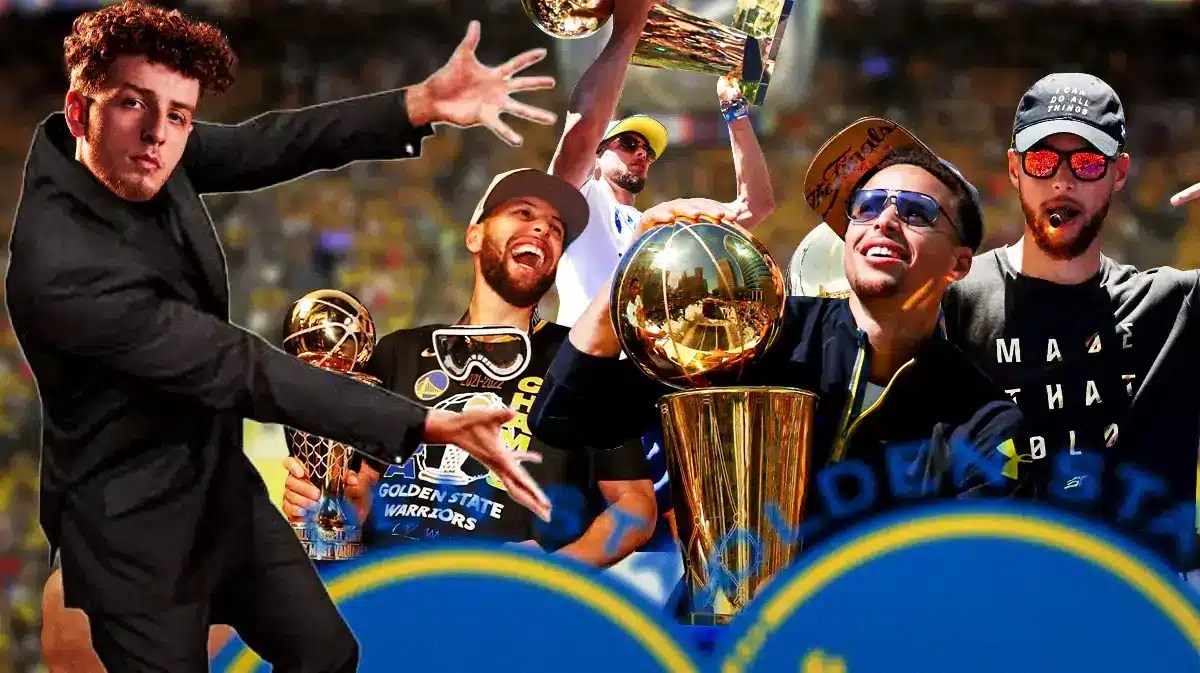 Warriors' Brandin Podziemski in the Will Smith pointing meme, with pictures of Stephen Curry holding the championship in 2015, 2017, 2018, and 2022 in the background
