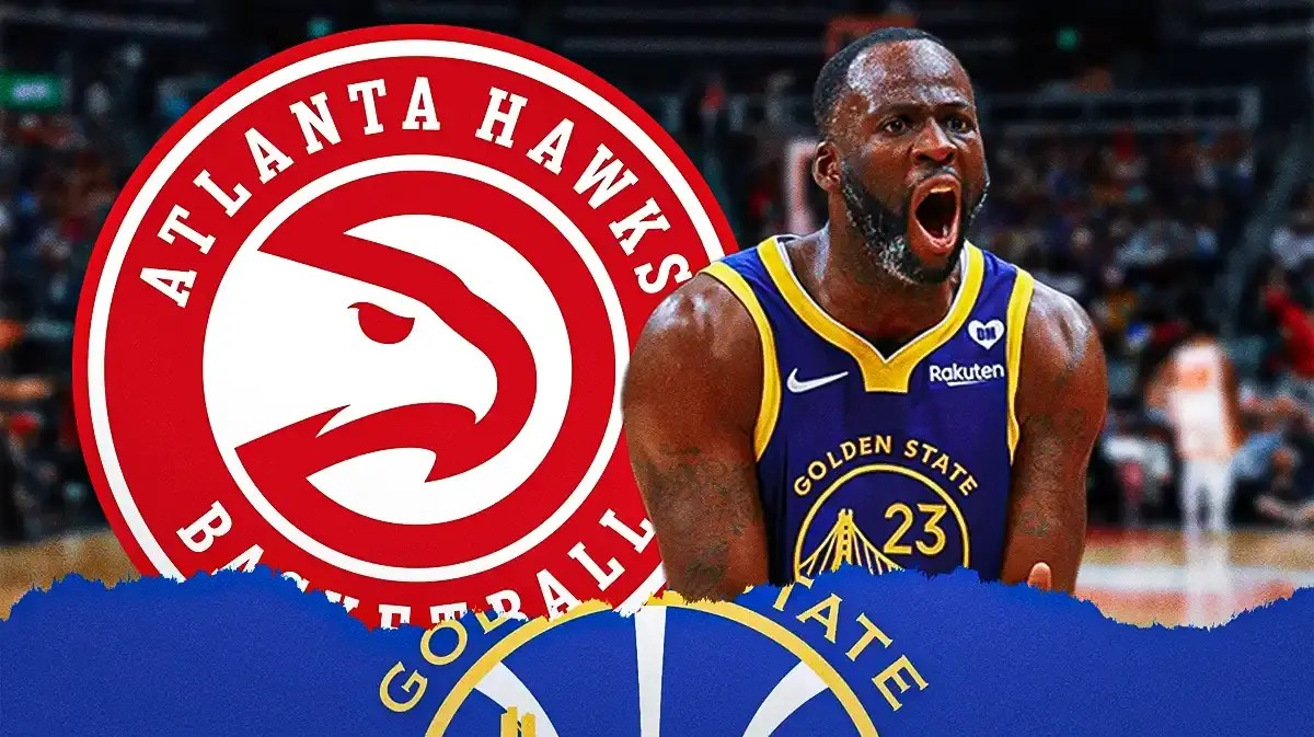 Warriors' Draymond Green in front of Hawks logo