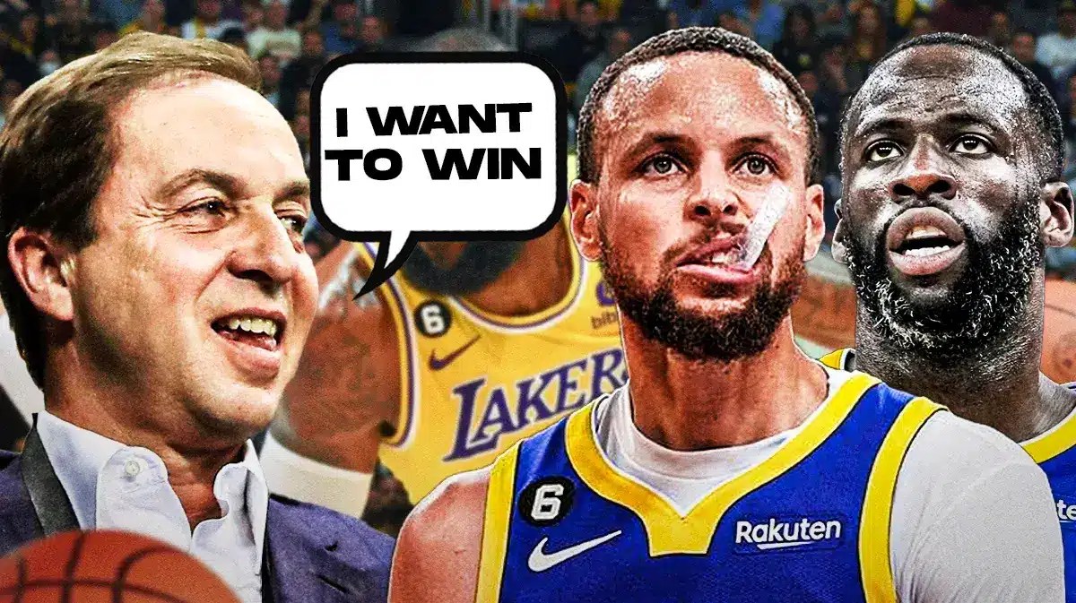 Photo: Joe Lacob saying “I want to win”, have Steph Curry, Draymond Green beside him in action in Warriors jerseys, LeBron James in background