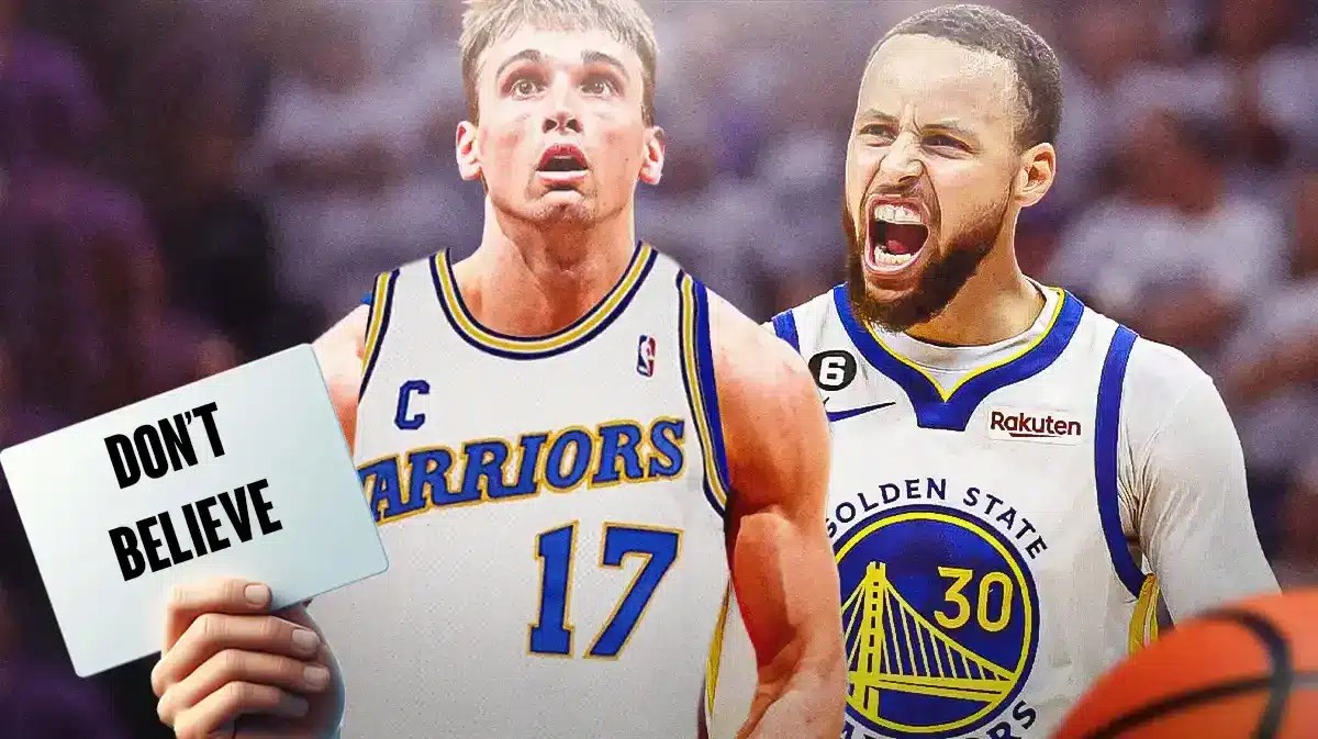 Tim Legler in a Warriors uniform (1994), holding a “DON’T BELIEVE” sign, with Stephen Curry looking angry at him