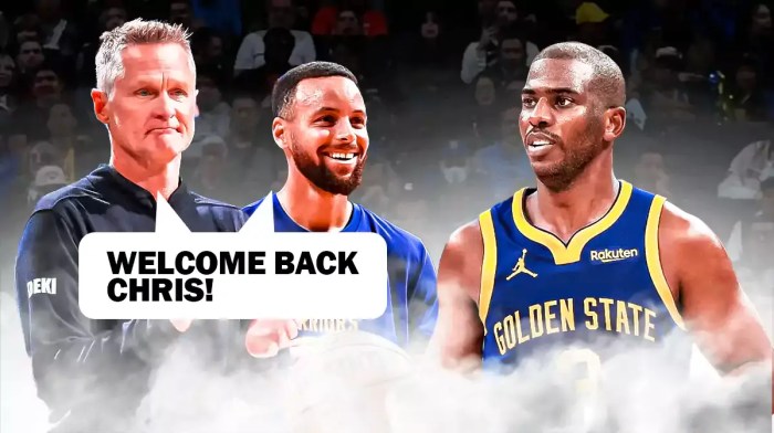Warriors' Steve Kerr and Stephen Curry saying "Welcome back Chris" to Chris Paul