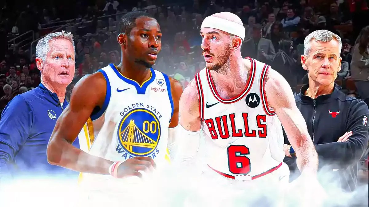 Warriors Steve Kerr and Jonathan Kuminga facing Bulls Billy Donovan and Alex Caruso