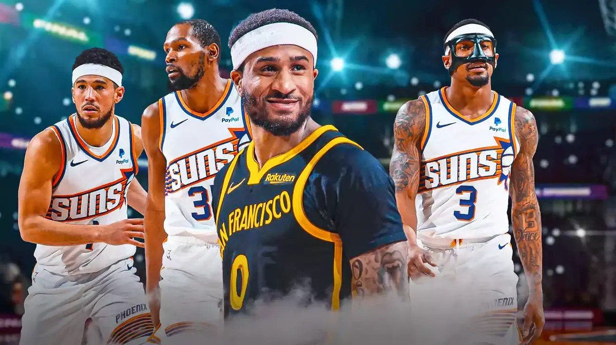 Warriors' Gary Payton II with Suns' Devin Booker, Kevin Durant, Bradley Beal