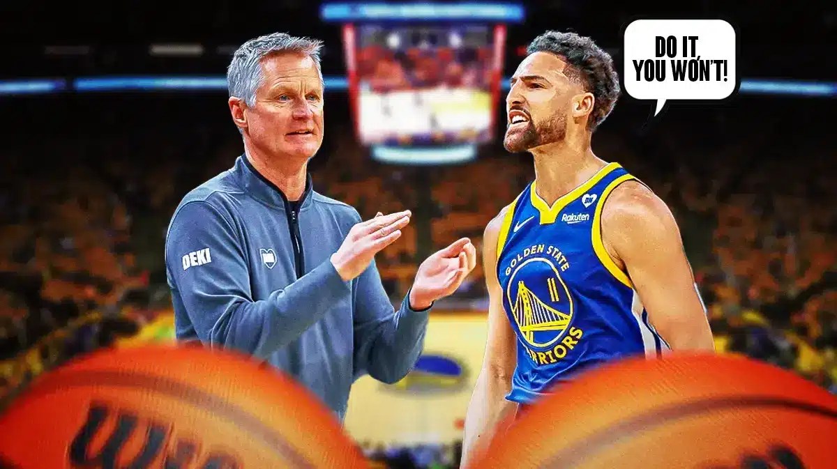 Klay Thompson saying: "Do it, you won't" to Steve Kerr