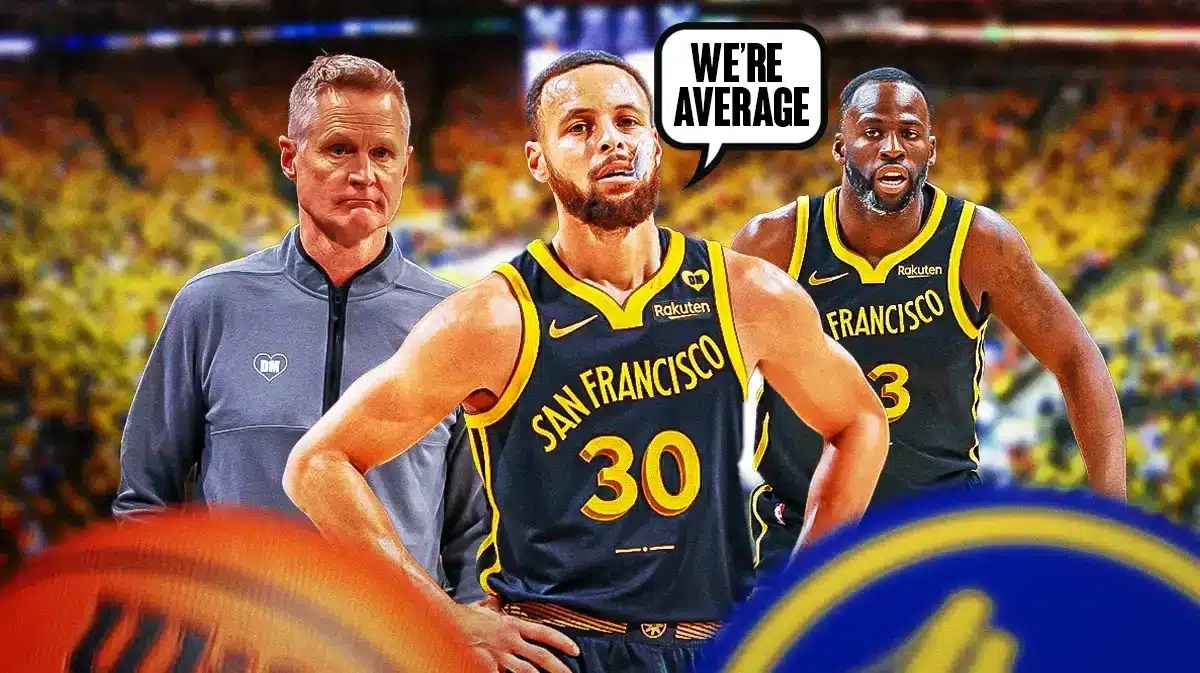 Golden State Warriors stars Stephen Curry and Draymond Green and head coach Steve Kerr in front of the Chase Center.