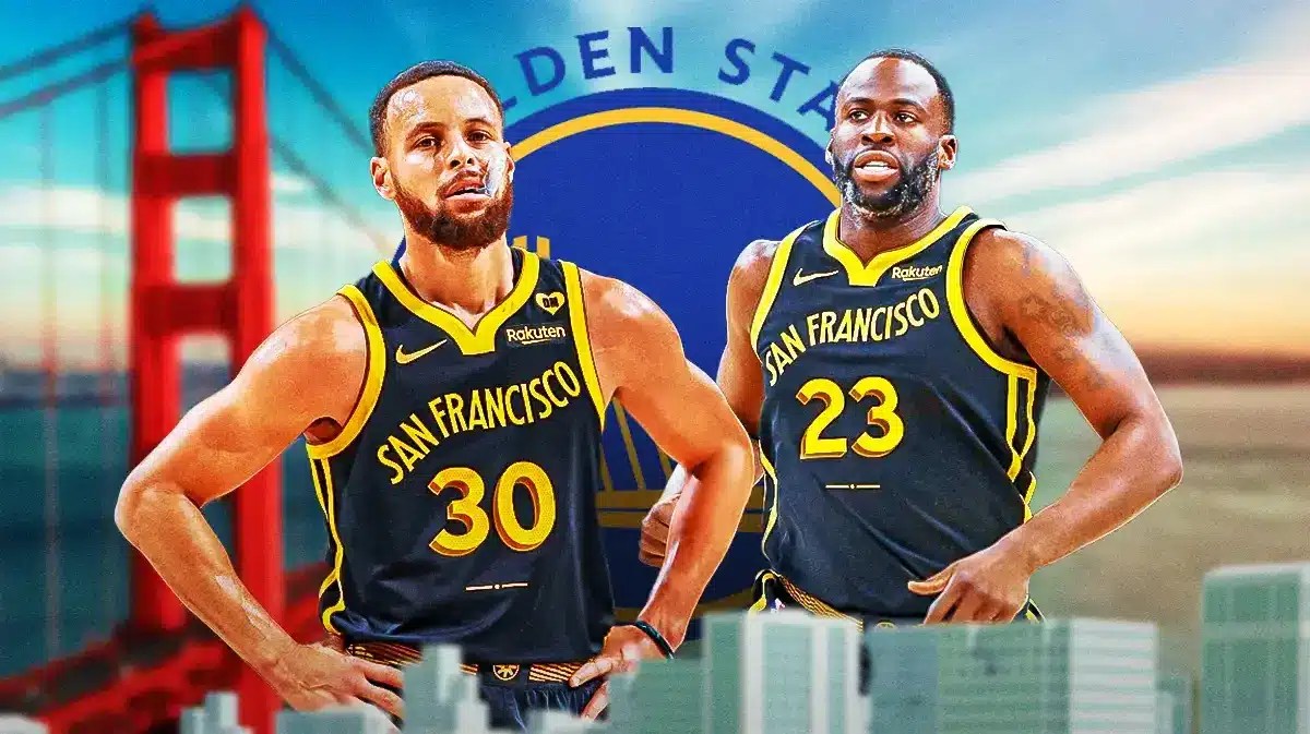Warriors' Stephen Curry looking at Warriors' Draymond Green. Warriors' logo in background.