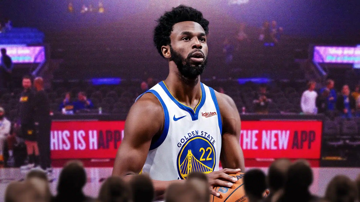 Andrew Wiggins and Moses Moody with the Warriors arena in the background, injury
