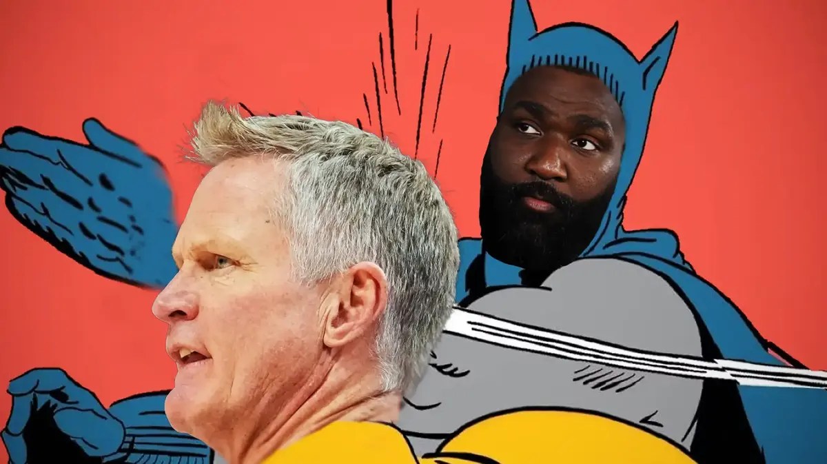 Kendrick Perkins as batman, Warriors coach Steve Kerr as Robin in the Batman slapping meme
