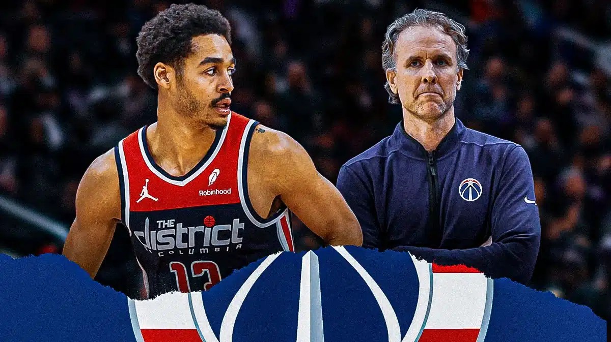 Jordan Poole opposite Brian Keefe with the Wizards arena in the background, Nuggets