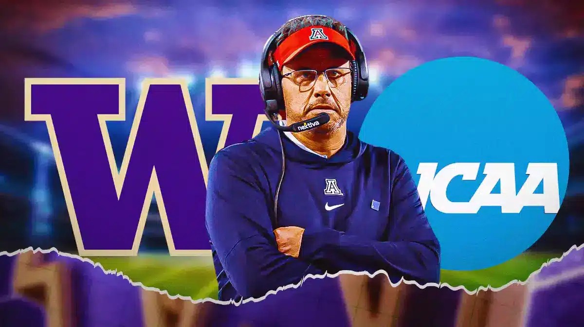 Former Arizona football coach Jedd Fischer stands next to Washington, NCAA logos, College Football Playoff fans watch from the background