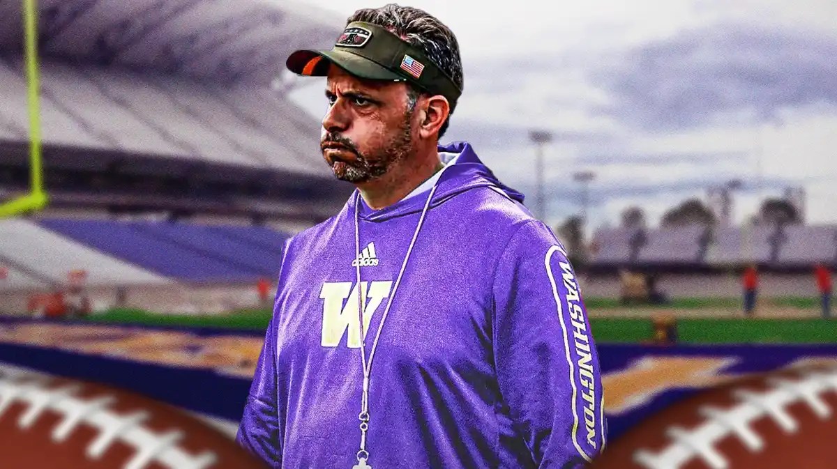 Washington football, Huskies, Jedd Fisch, Steve Belichick, Vinnie Sunseri, Jedd Fisch in Washington football gear with Washington football stadium in the background