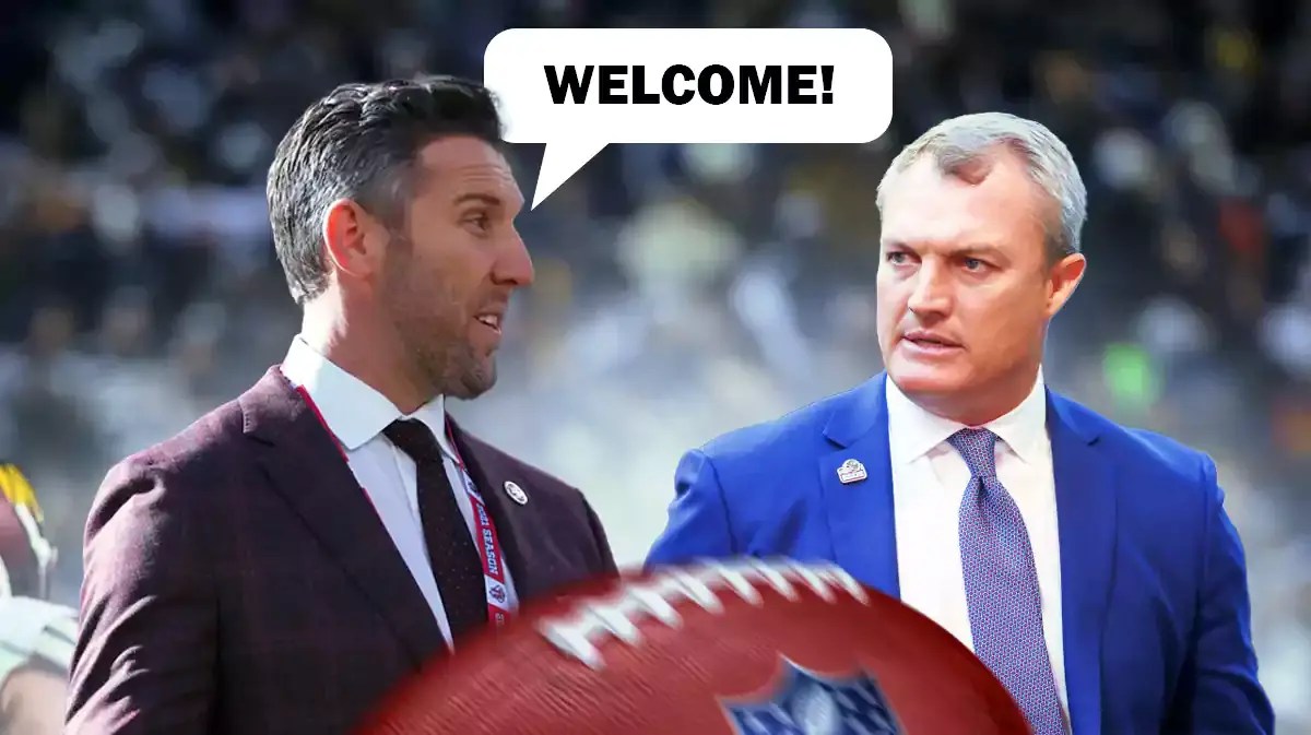 Adam Peters on one side with a speech bubble that says “Welcome!” Lance Newmark on the other side. Commanders assistant GM