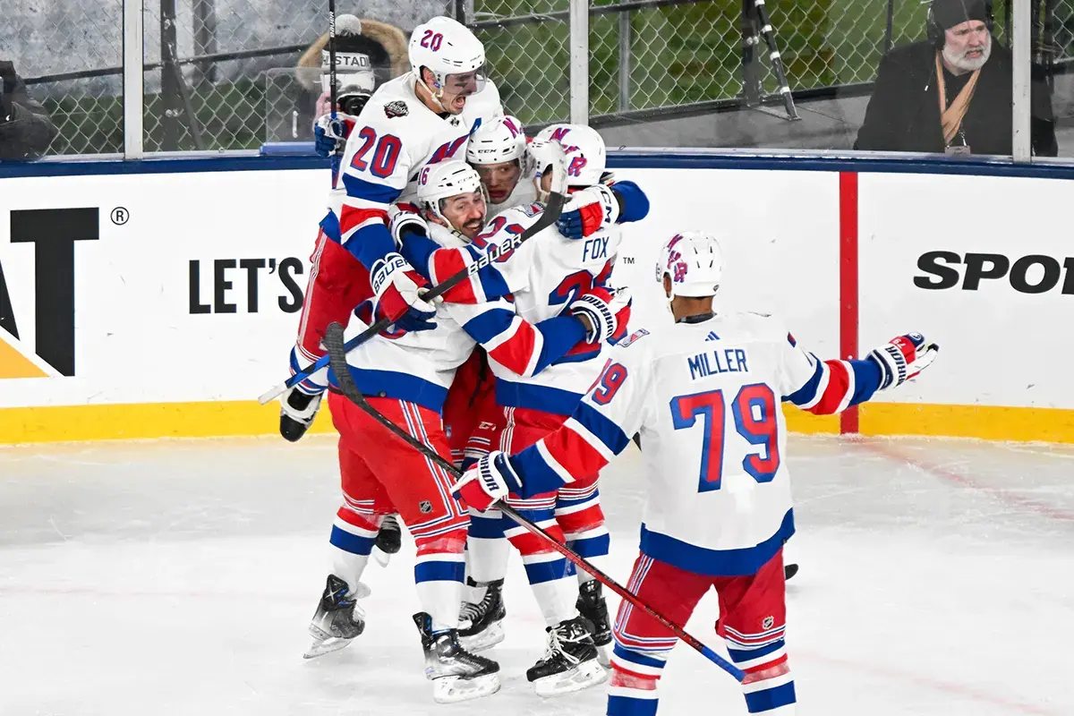  the New York Rangers celebrates the winning goal by New York Rangers left wing Artemi Panarin (10) against the New York Islanders during the overtime period in a Stadium Series ice hockey game at MetLife Stadium
