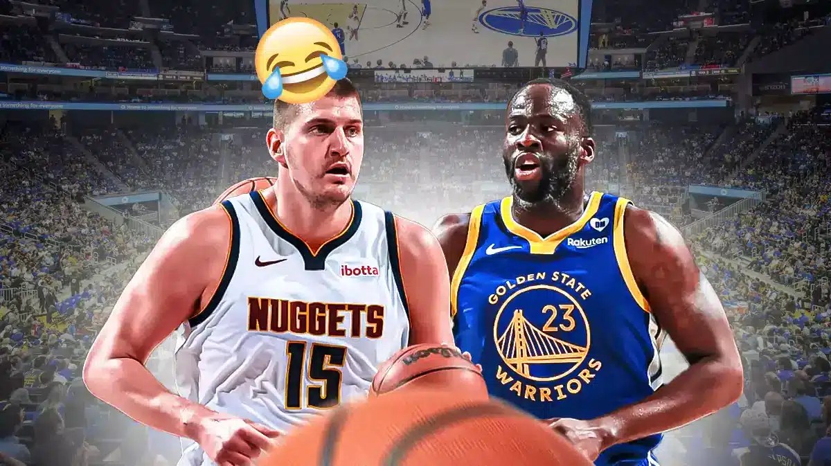 Nuggets' Nikola Jokic, Warriors' Draymond Green, laughing emoji above Jokic