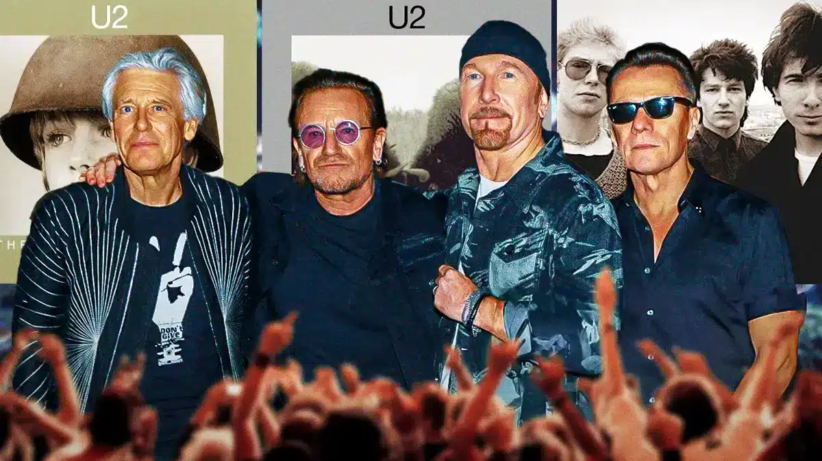 U2 greatest hits albums in background with Adam Clayton, Bono, The Edge, and Larry Mullen Jr. in front of them.