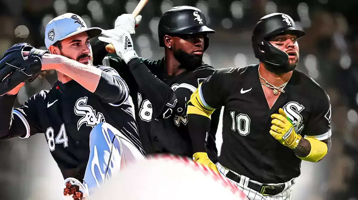 Dylan Cease, Luis Robert, Yoan Moncada all together with White Sox logo in background. Cactus League logo in front.