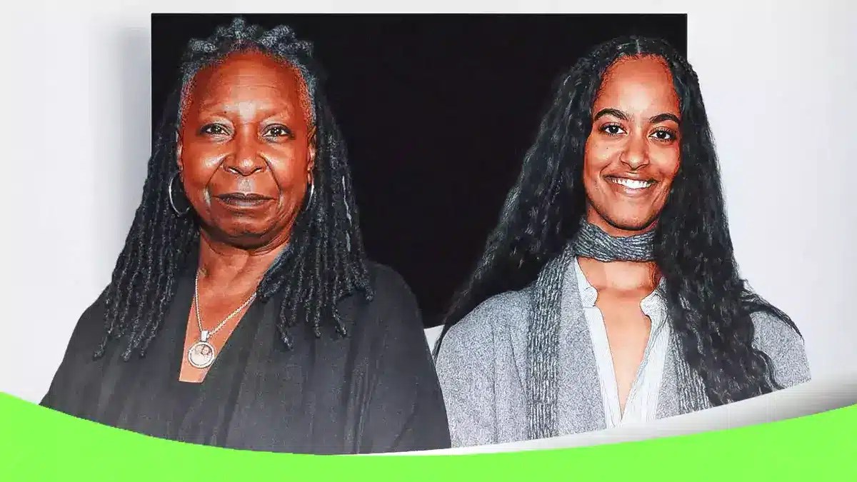Whoopi Goldberg and Malia Obama with a tv set behind her