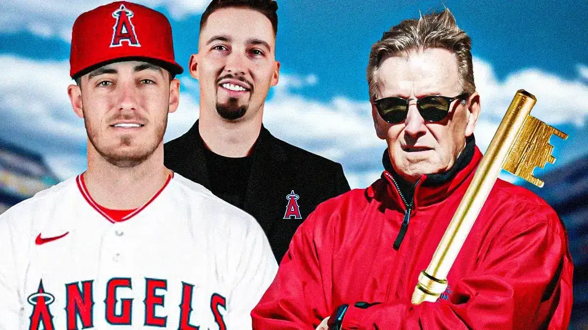 Arte Moreno holding a big key. Blake Snell, Cody Bellinger in Angels jerseys looking sad