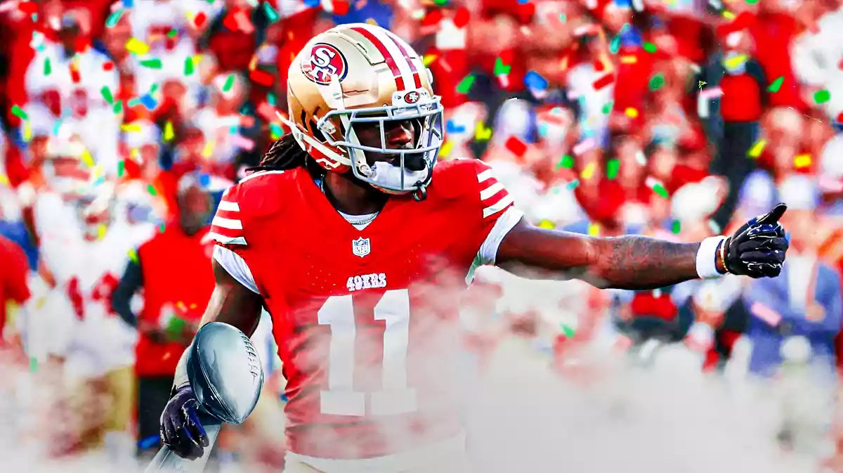 49ers' Brandon Aiyuk holding the Lombardi Trophy