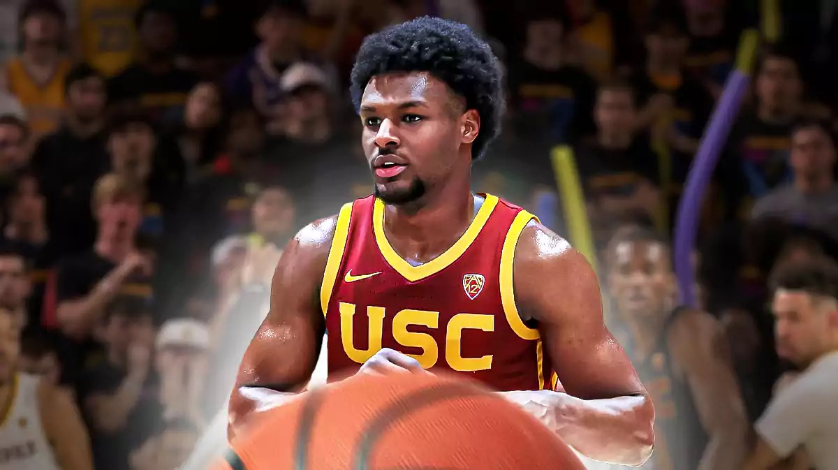USC basketball guard Bronny James, with fans in the background.