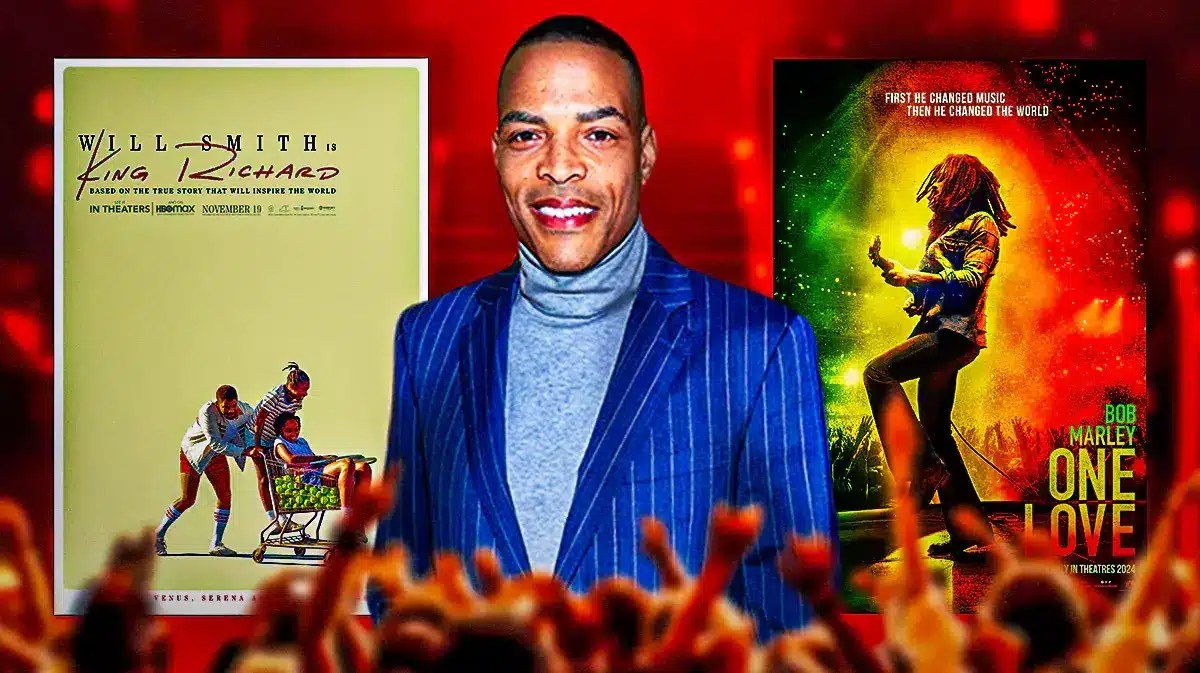 Reinaldo Marcus Green with posters of King Richard and Bob Marley: One Love between him.