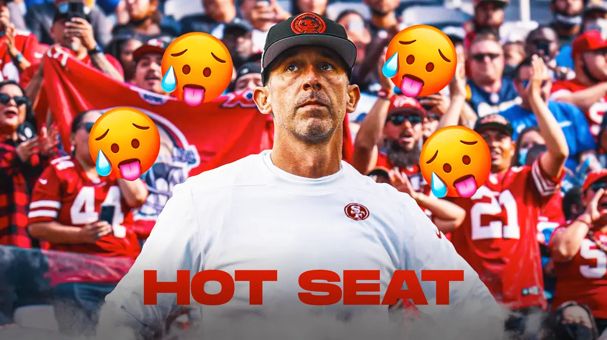 Coach Kyle Shanahan in the middle, Angry or sad San Francisco 49ers fans in the background, and Hot face emojis 🥵 all around.