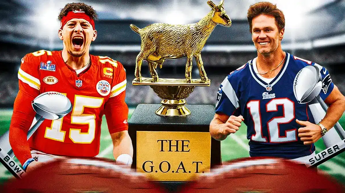 Chiefs Patrick Mahomes and Patriots Tom Brady next to a GOAT trophy