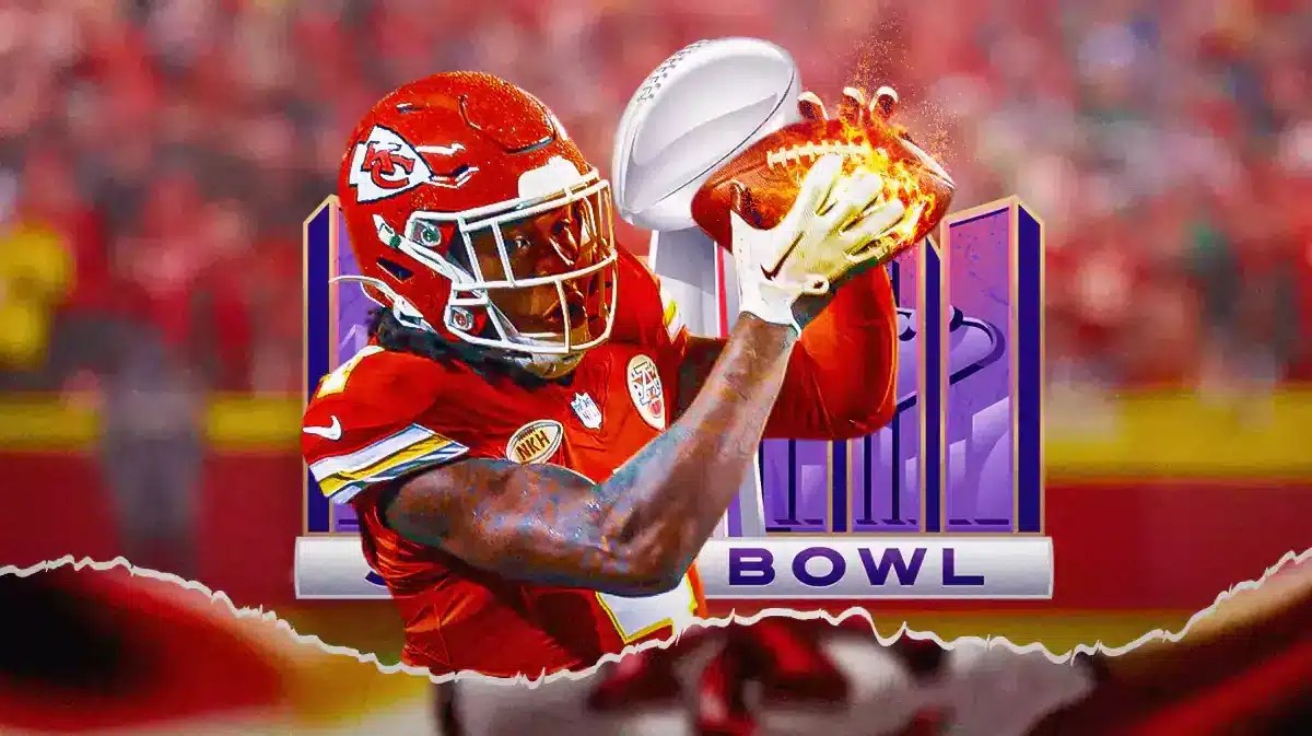 Rashee Rice catching the ball on fire. Super Bowl 58 logo in the background