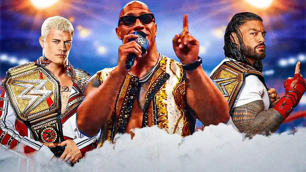 The Rock on SmackDown in fancy shirt, with Cody Rhodes and Roman Reigns with WWE Undisputed Championship