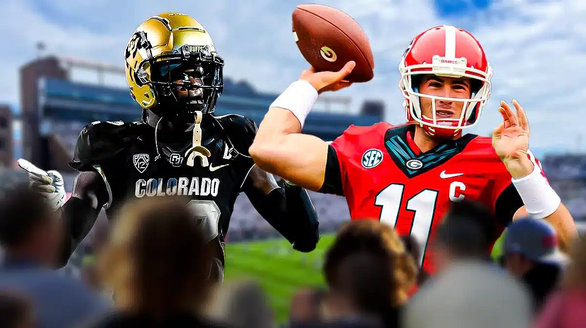 Colorado football, Buffaloes, Aaron Murray, Travis Hunter, NCAA 25, Aaron Murray and Travis Hunter with Colorado football stadium in the background