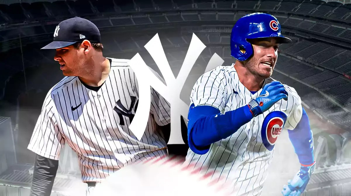Jordan Montgomery in a Yankees jersey next to a Yankees logo and Cubs Cody Bellinger