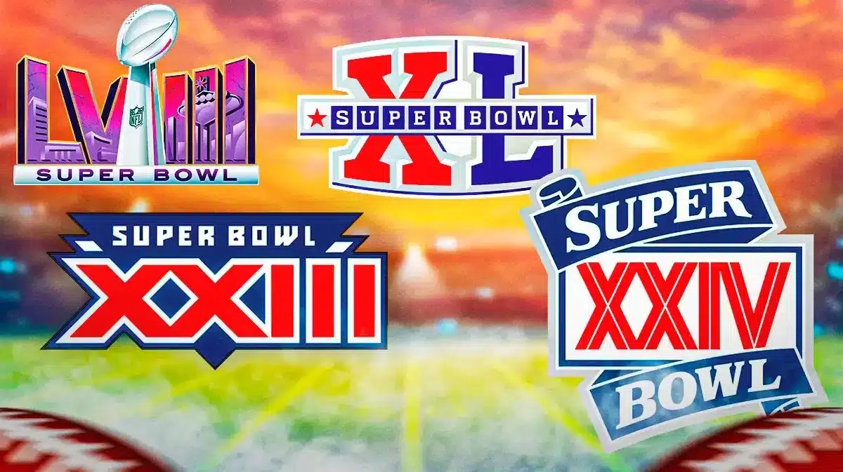 Super Bowl LVIII, Super Bowl XXXIII, Super Bowl XL, and Super Bowl XXIV roman numerals logos