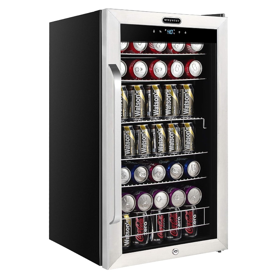 Whynter Mini Fridge 3.4 cu. ft - Stainless Steel colored on a white background.
