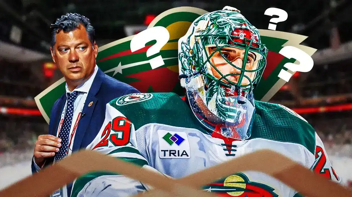 Marc-Andre Fleury in middle of image looking stern, Bill Guerin in image looking thoughtful, MIN Wild logo, 3-5 question marks, hockey rink in background