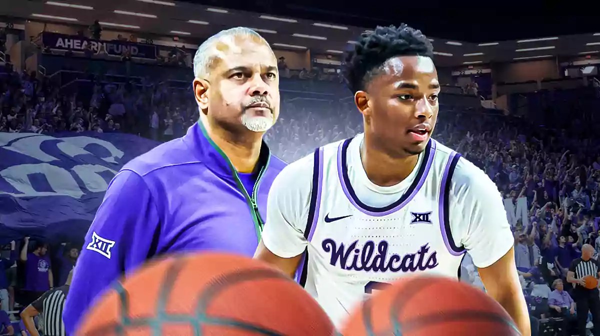 Kansas State basketball, Wildcats, Kansas basketball, Jayhawks, Jerome Tang, Jerome Tang and Tylor Perry (in Kansas State uni) with Kansas State basketball arena in the background