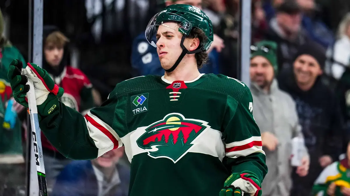 Minnesota Wild defenseman Brock Faber (7) looks on during the third period against the New York Islanders at Xcel Energy Center.