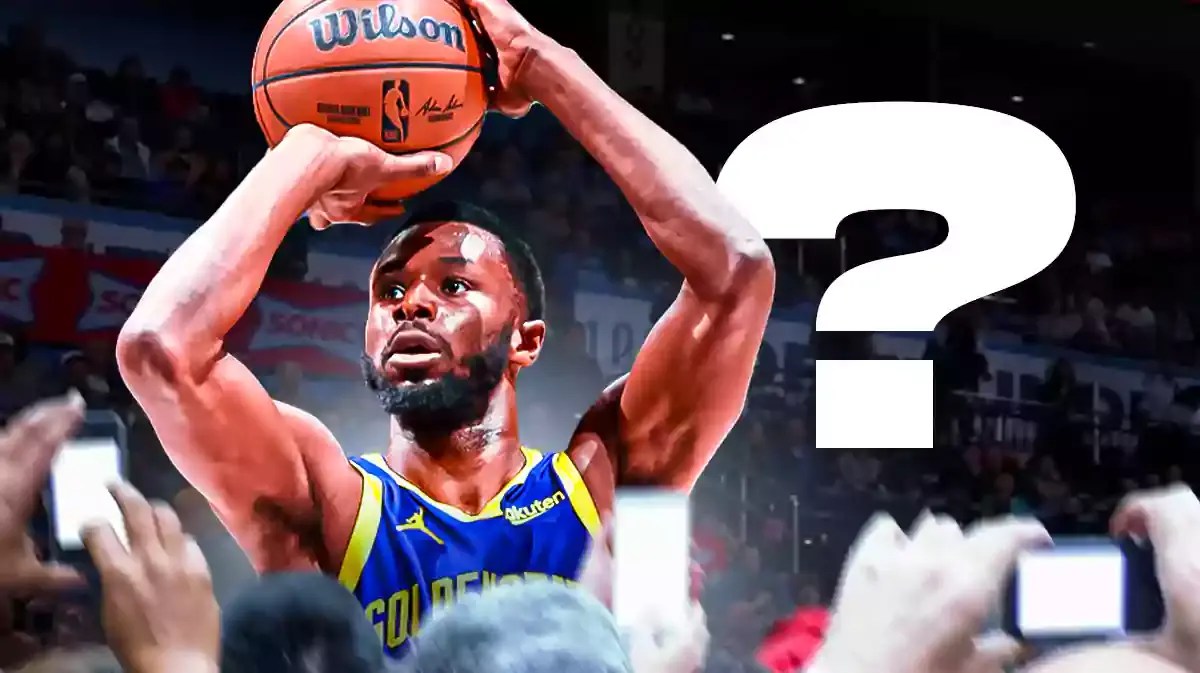Warriors' Andrew Wiggins shooting a basketball on left. On right, place one question mark.